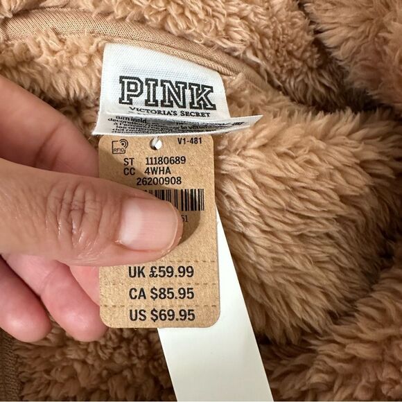 VICTORIA’S‎ SECRET PINK FLEECE TEDDY HALF ZIP OVERSIZED PULLOVER SWEATER NWT TAN - Picture 12 of 13
